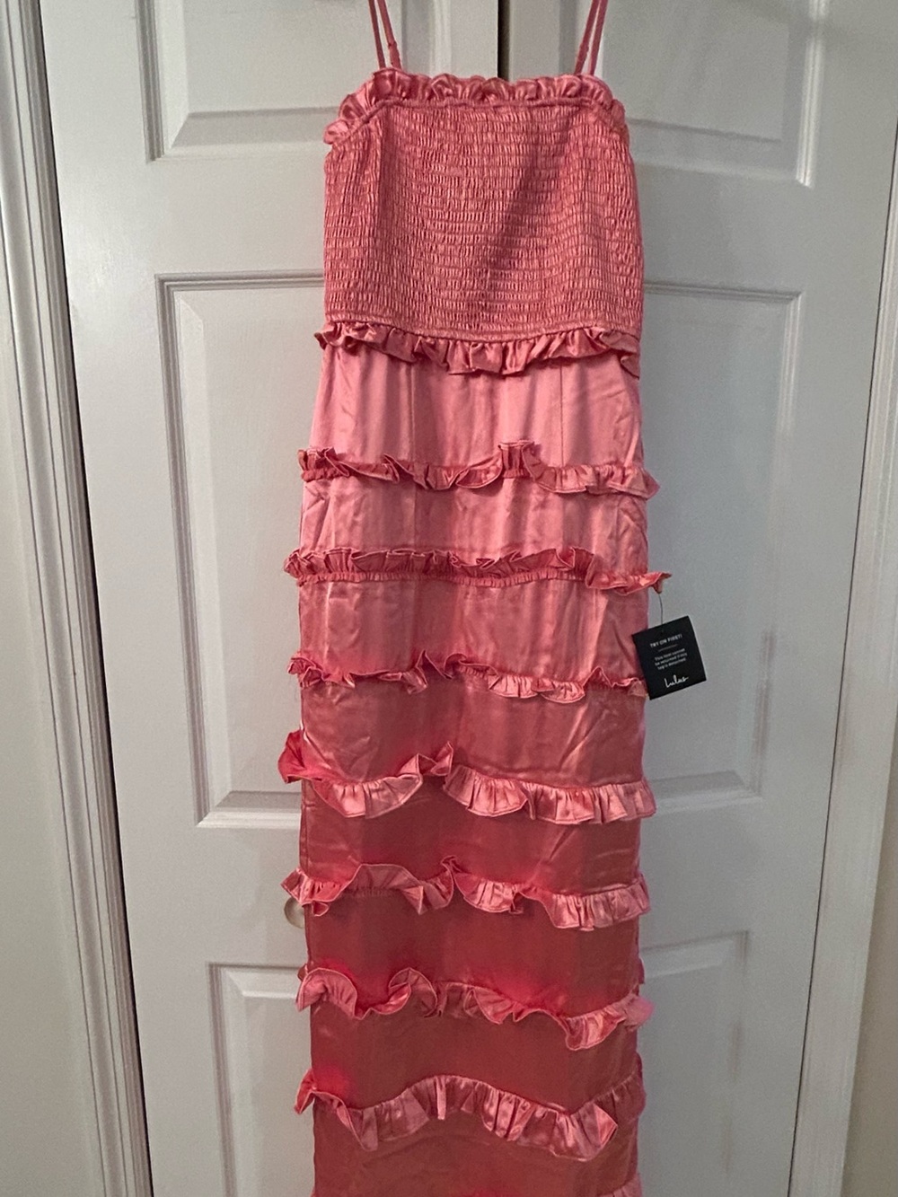 Lulu's Peach Pink Satin Smocked
Ruffle Maxi Dress